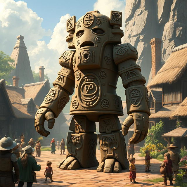 A majestic clay golem embodying the essence of lawful goodness, standing tall in a mystical village square