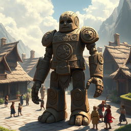 A majestic clay golem embodying the essence of lawful goodness, standing tall in a mystical village square