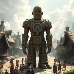 A majestic clay golem embodying the essence of lawful goodness, standing tall in a mystical village square