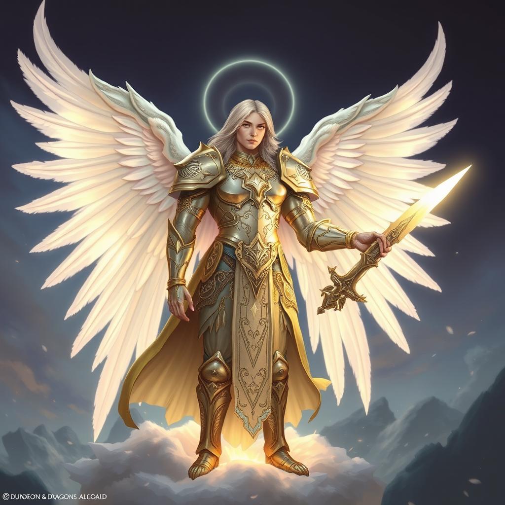 An aasimar angel character from Dungeons & Dragons, exuding a celestial aura of grace and power