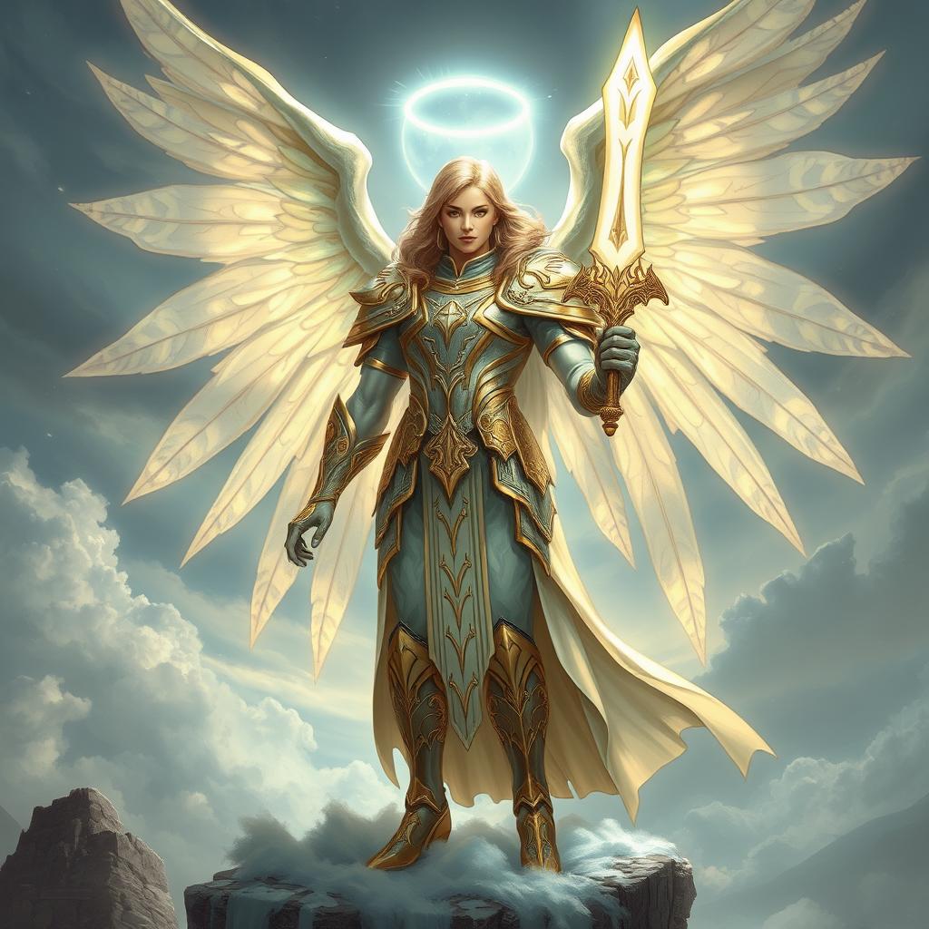 An aasimar angel character from Dungeons & Dragons, exuding a celestial aura of grace and power