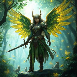 An aasimar angel warrior in harmony with nature, standing amidst an enchanted forest