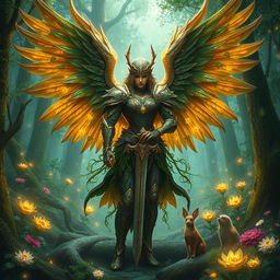 An aasimar angel warrior in harmony with nature, standing amidst an enchanted forest