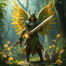 An aasimar angel warrior in harmony with nature, standing amidst an enchanted forest