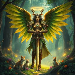 An aasimar angel warrior in harmony with nature, standing amidst an enchanted forest