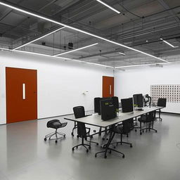 High-tech office design spanning 2500 sqft area, including a 20ft by 30ft video studio, dedicated seating areas for an IT department and a sales team, and an overall seating capacity of 40 employees