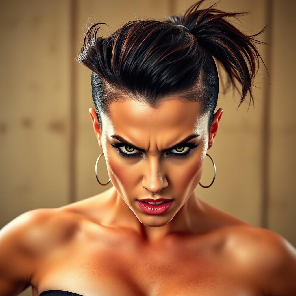 A busty woman with an intense, angry expression, featuring a unique hairstyle