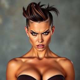 A busty woman with an intense, angry expression, featuring a unique hairstyle