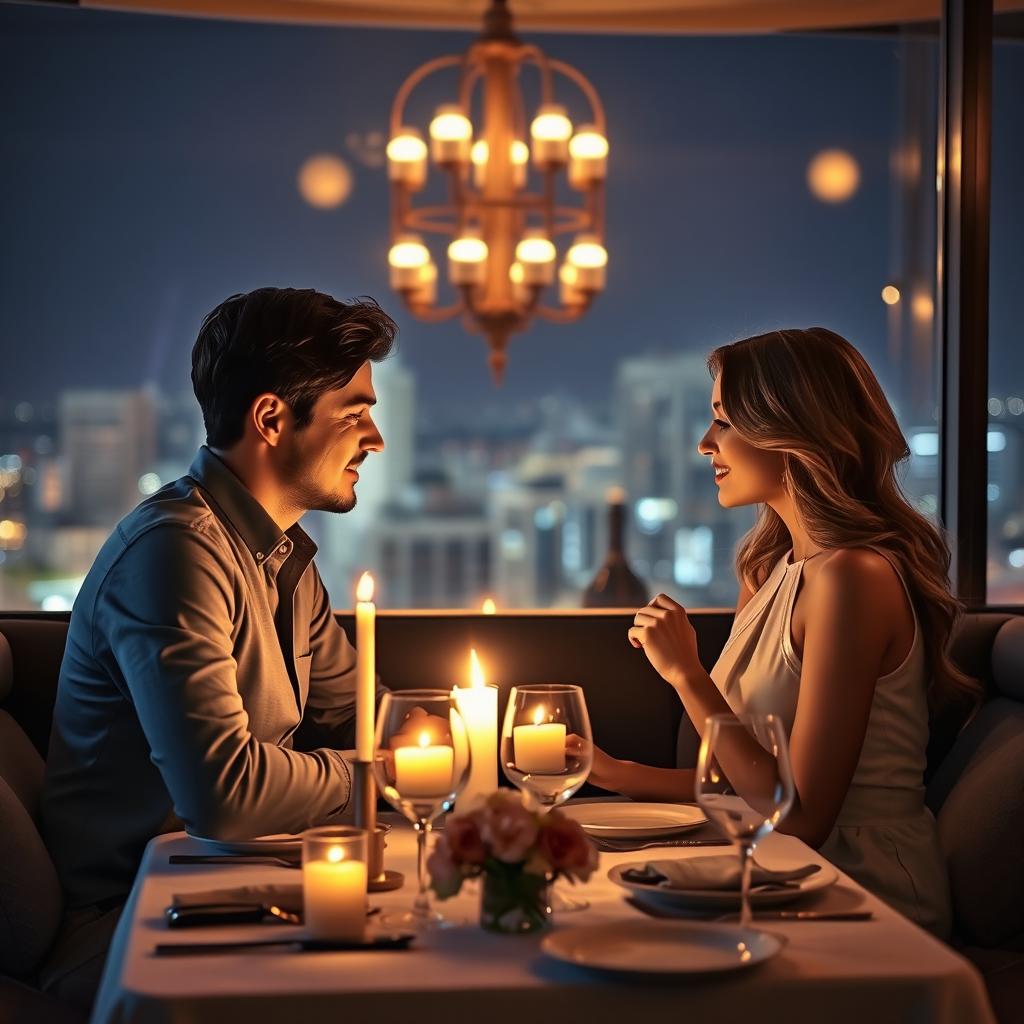 A romantic couple seated at a cozy, candle-lit restaurant, enjoying an intimate dinner