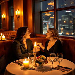 A romantic couple seated at a cozy, candle-lit restaurant, enjoying an intimate dinner