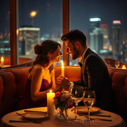 A romantic couple seated at a cozy, candle-lit restaurant, enjoying an intimate dinner