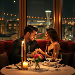 A romantic couple seated at a cozy, candle-lit restaurant, enjoying an intimate dinner