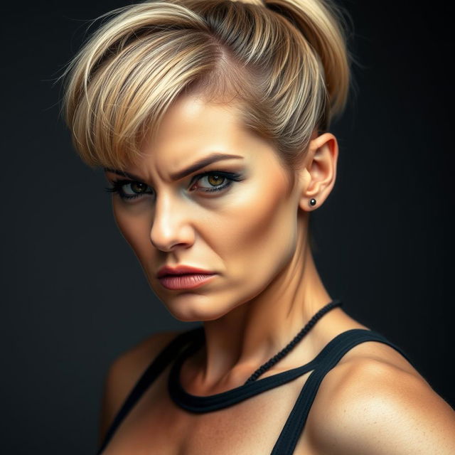 A busty woman with an intense, angry expression, characterized by a stylish short bob haircut complemented by a short ponytail