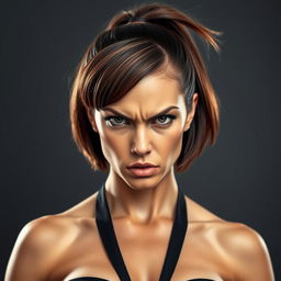 A busty woman with an intense, angry expression, characterized by a stylish short bob haircut complemented by a short ponytail