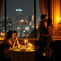 A romantic couple enjoying a dinner in a cozy, candle-lit restaurant setting