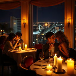 A romantic couple enjoying a dinner in a cozy, candle-lit restaurant setting