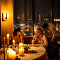 A romantic couple enjoying a dinner in a cozy, candle-lit restaurant setting