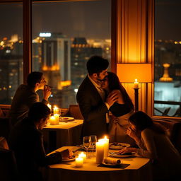 A romantic couple enjoying a dinner in a cozy, candle-lit restaurant setting