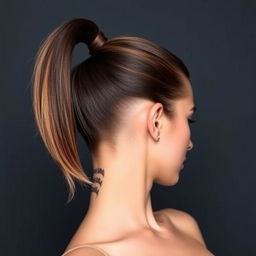 A busty woman with a sleek ponytail and a distinctive shaved neck undercut