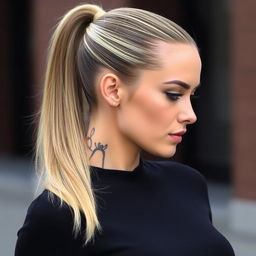 A busty woman with a sleek ponytail and a distinctive shaved neck undercut