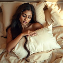 A beautiful Indian woman resting comfortably on a bed