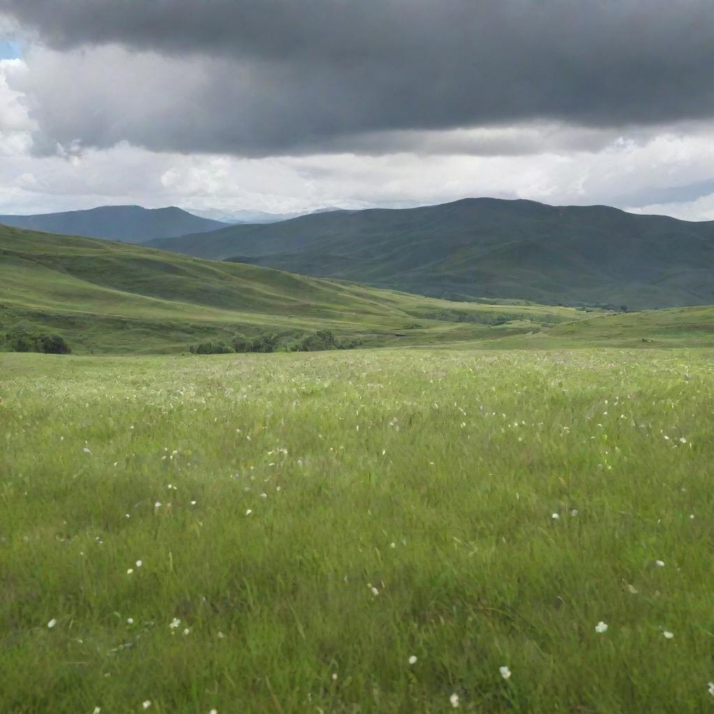 A large landscape of lush green grass blowing in the wind, speckled with small white flowers. In the distance, large green mountains loom under a beautiful sunny, yet cloudy sky.