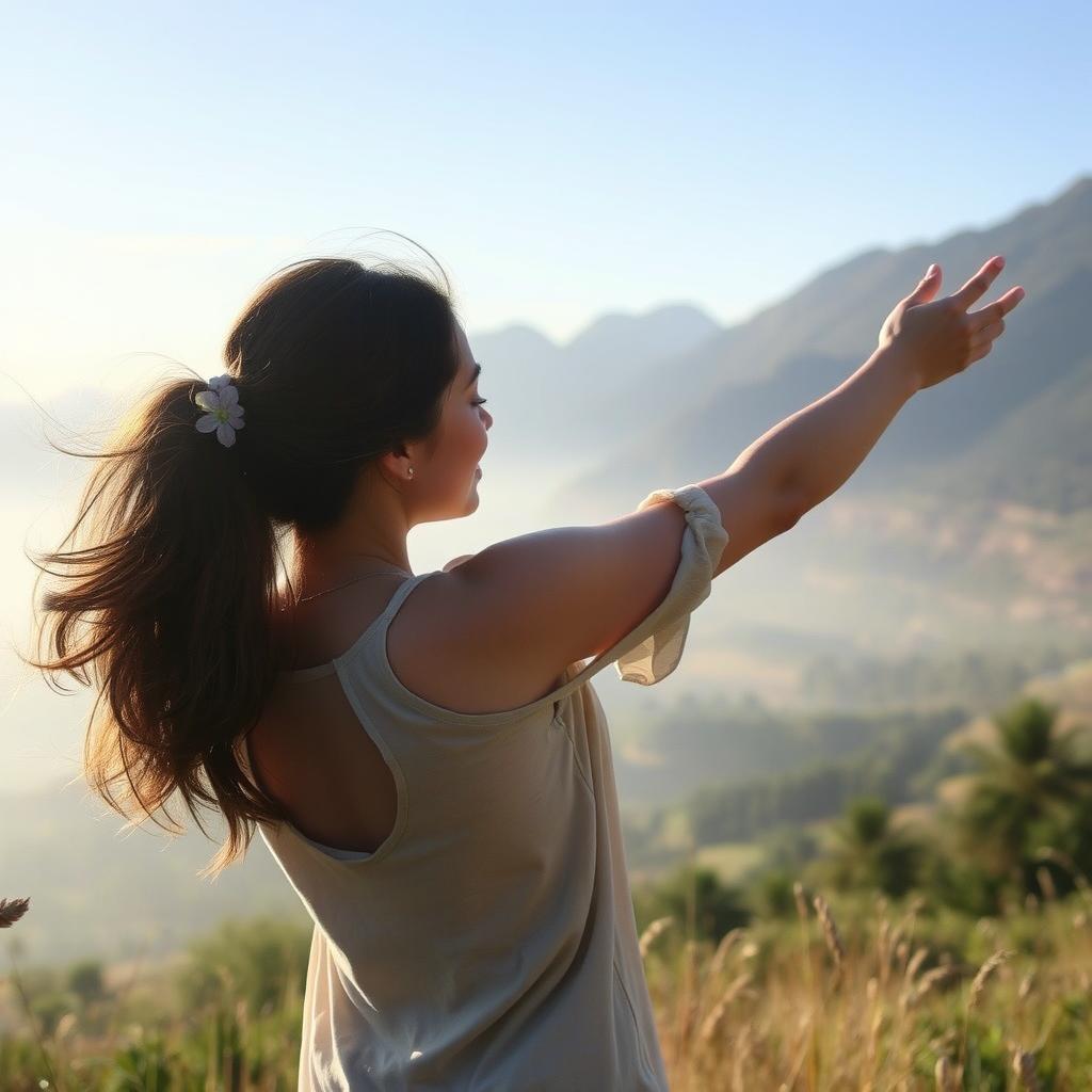 A serene and artistic depiction of a person embracing nature, with an emphasis on natural beauty and tranquility