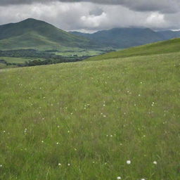 A large landscape of lush green grass blowing in the wind, speckled with small white flowers. In the distance, large green mountains loom under a beautiful sunny, yet cloudy sky.