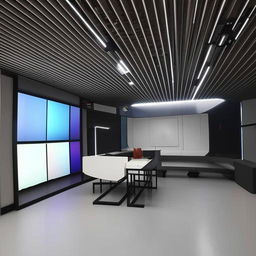 A futuristic office design in a 2500 sq ft area featuring a 20ft by 30ft video studio, tailored seating zones for the IT and sales departments, accommodating space for a total of 40 employees.