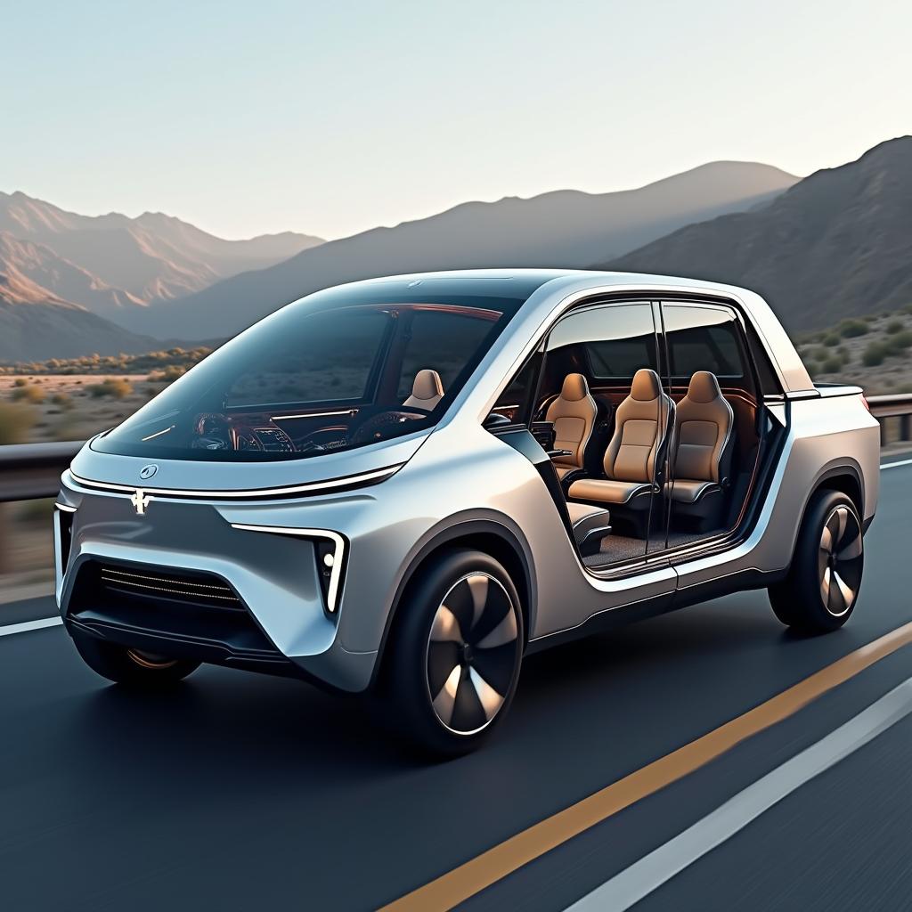 A futuristic pickup truck featuring three spacious cabins, each distinct in design and layout