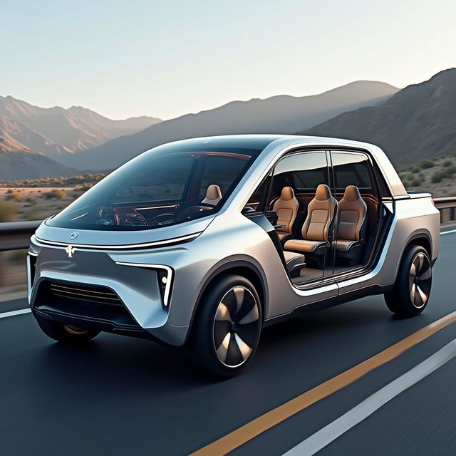 A futuristic pickup truck featuring three spacious cabins, each distinct in design and layout