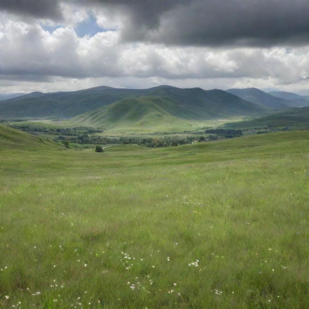 A large landscape of lush green grass blowing in the wind, speckled with small white flowers. In the distance, large green mountains loom under a beautiful sunny, yet cloudy sky.