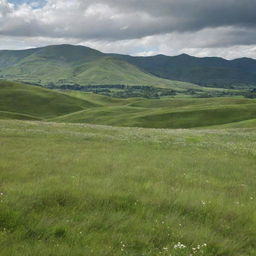 A large landscape of lush green grass blowing in the wind, speckled with small white flowers. In the distance, large green mountains loom under a beautiful sunny, yet cloudy sky.