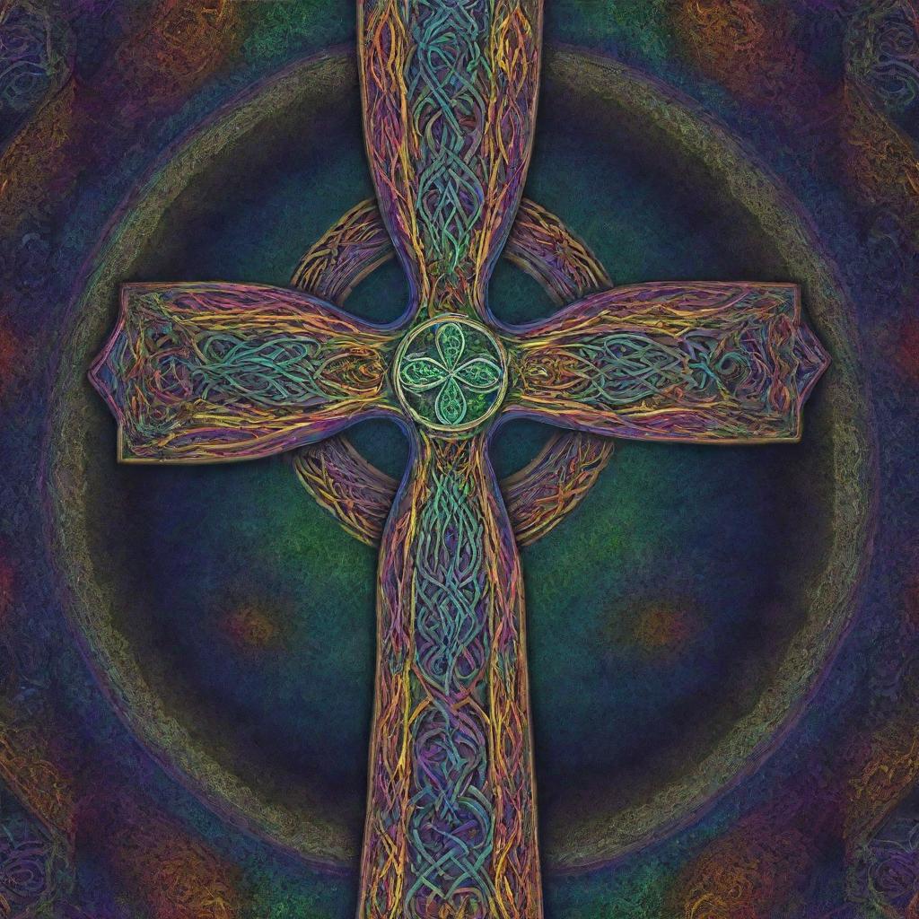 A radiant Celtic Christian cross infused with psychedelic colors and patterns