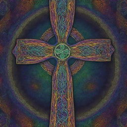 A radiant Celtic Christian cross infused with psychedelic colors and patterns