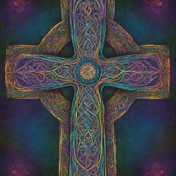 A radiant Celtic Christian cross infused with psychedelic colors and patterns