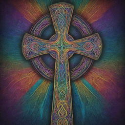 A radiant Celtic Christian cross infused with psychedelic colors and patterns