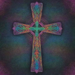 A radiant Celtic Christian cross infused with psychedelic colors and patterns