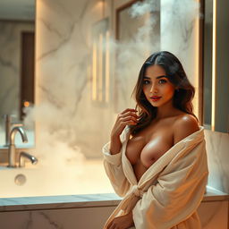 A sensual and intimate scene featuring a woman in a modern bathroom, beautifully lit with soft, warm lighting