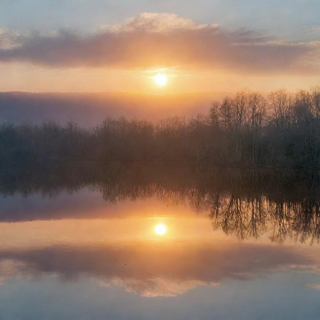 A radiant sunrise over a tranquil lake, with reflections dancing on the water's surface