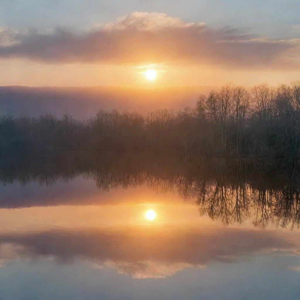 A radiant sunrise over a tranquil lake, with reflections dancing on the water's surface