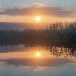 A radiant sunrise over a tranquil lake, with reflections dancing on the water's surface