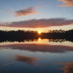 A radiant sunrise over a tranquil lake, with reflections dancing on the water's surface