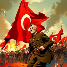 A depiction of the Great Victory on 30th August with Atatürk leading the charge