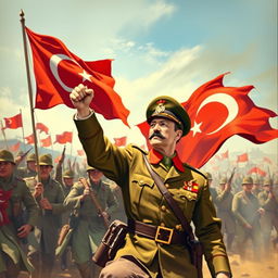 A depiction of the Great Victory on 30th August with Atatürk leading the charge