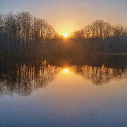 A radiant sunrise over a tranquil lake, with reflections dancing on the water's surface