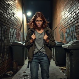 A young woman in distress, standing in a dimly lit alleyway