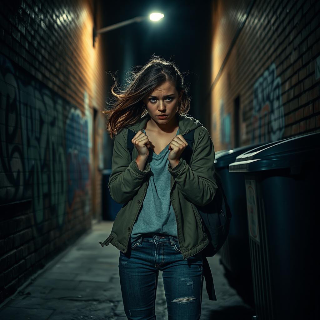 A young woman in distress, standing in a dimly lit alleyway