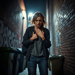 A young woman in distress, standing in a dimly lit alleyway