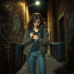 A young woman in distress, standing in a dimly lit alleyway